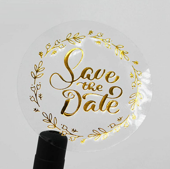 Label de 1.5" redondo clear con foil dorado.